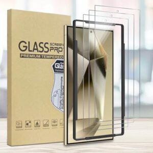 Pacote com 3 protetores de tela compatíveis com Galaxy S24 Ultrar com moldura de instalação, vidro temperado de dureza 9H antiarranhões, sem bolhas, compatível com capas