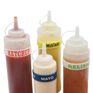 Pacote de pulseiras de rotulagem Hotdog (pacote com 4) para garrafas de 16 a 680 g e 947 ml – maionese, mostarda, Relish (16 a 680 g), Ketchup (947 g) – Pulseiras de silicone reutilizáveis para