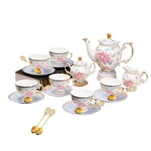 PANAOAHU Conjunto de chá de porcelana óssea de 21 peças para 6, design vintage de borboleta floral com acabamento dourado, inclui bule de chá, açucareiro, creme e xícaras/pires, presente elegante para