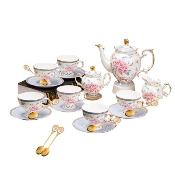PANAOAHU Conjunto de chá de porcelana óssea de 21 peças para 6, design vintage de borboleta floral com acabamento dourado, inclui bule de chá, açucareiro, creme e xícaras/pires, presente elegante para