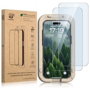 PandaShield Película de vidro temperado antiluz azul para iPhone 16 Plus/15 Plus/14 Pro Max 9H [instalação rápida de eliminação automática de poeira], sem bolhas, antiimpressões digitais, compatível