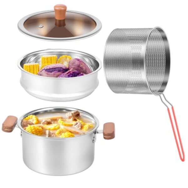 Panela a vapor de aço inoxidável com inserção de vaporizador e cesta de malha de 2,5 L/2,64 QT, panela de fritadeira com cesta e alça de tampa para fogão a gás (prata)