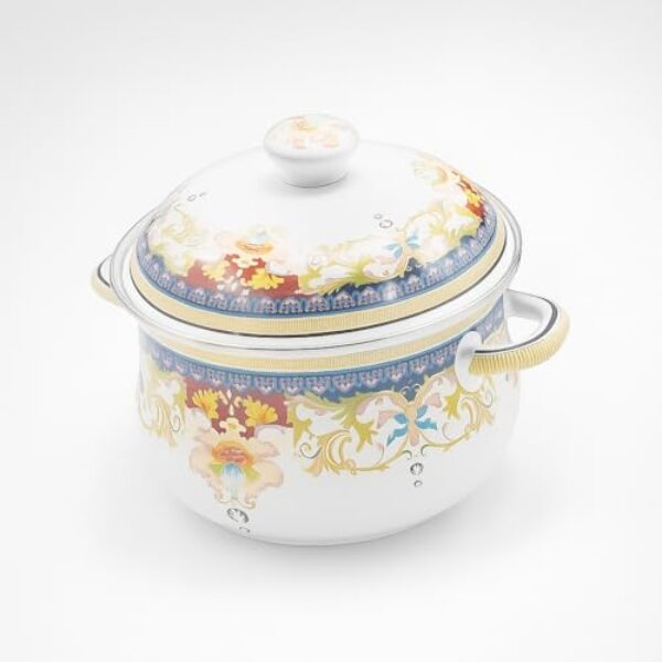 Panela Caçarola Esmaltada Vintage 3,6L à Indução – Com Tampa Decorada Indiana, Alta Durabilidade