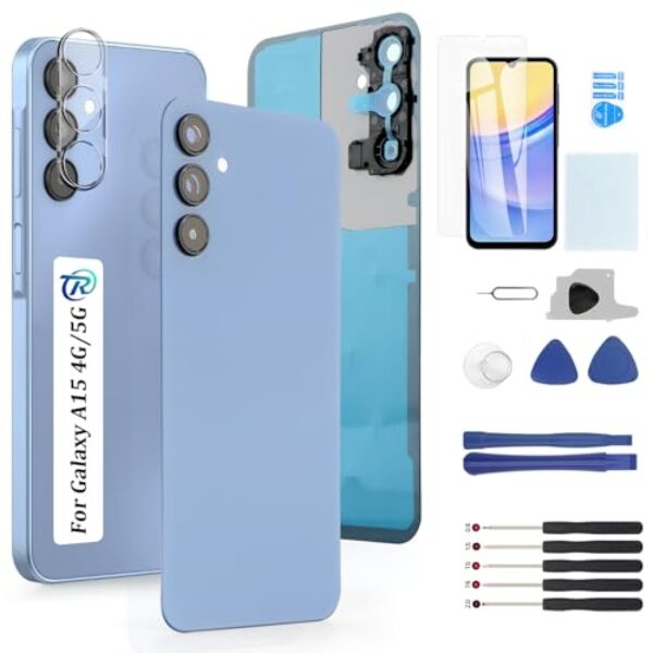 Para Samsung Galaxy A15 4G A155F Substituição de vidro traseiro para Samsung A15 5G A156U Tampa de bateria de substituição de vidro traseiro acessórios de porta peças com ferramentas de reparo (azul)