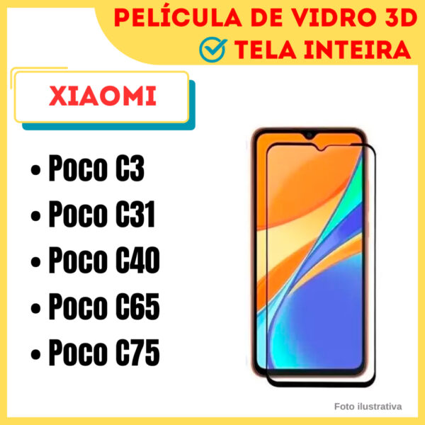 Película de Vidro 3D Para Xiaomi Poco C3 / Poco C31 / Poco C40 / Poco C65 / Poco C75 / Protetor de Tela.