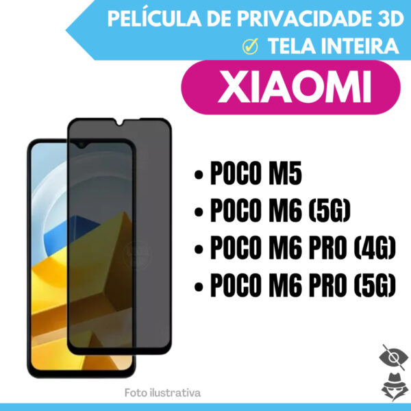 Película de Vidro 3D Privacidade Para Xiaomi Poco M5 / Poco M6 (5G) / Poco M6 Pro (4G) / Poco M6 Pro 5G