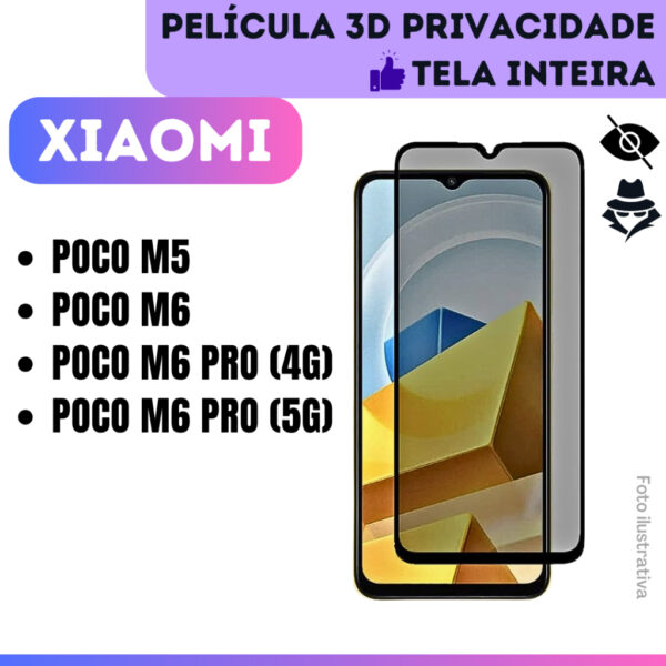 Película de Vidro 3D Privacidade Para Xiaomi Poco M5 / Poco M6 (5G) / Poco M6 Pro (4G) / Poco M6 Pro 5G