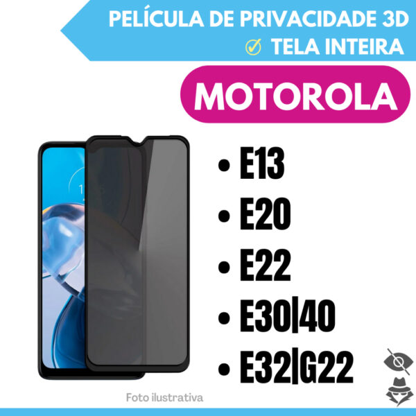 Película de Vidro de Privacidade para Motorola Moto E13/ Moto E20/ Moto E22/ Moto E30|E40/ Moto E32|G22.