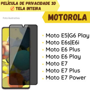Película de Vidro de Privacidade para Motorola Moto E5|G6 Play/Moto E6s|E6i/ Moto E6 Plus/ Moto E6 Play/ Moto E7/ Moto E7 Plus/ Moto E7 Power Película Protetor de Tela.