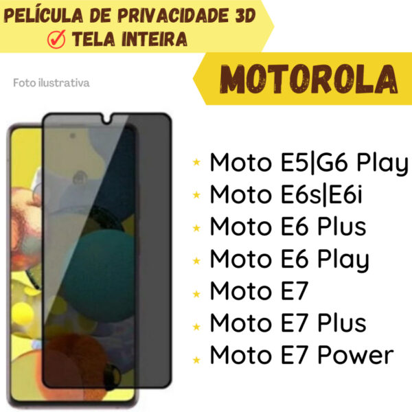Película de Vidro de Privacidade para Motorola Moto E5|G6 Play/Moto E6s|E6i/ Moto E6 Plus/ Moto E6 Play/ Moto E7/ Moto E7 Plus/ Moto E7 Power Película Protetor de Tela.