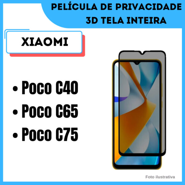Película de Vidro de Privacidade para Xiaomi Poco C40 / Poco C65 / Poco C75 / Película 3D.