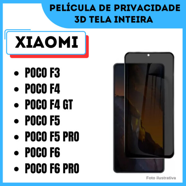 Película de Vidro de Privacidade para Xiaomi Poco F3/ Poco F4/ Poco F4 GT/ Poco F5/ Poco F5 Pro/ Poco F6/ Poco F6 Pro/3D