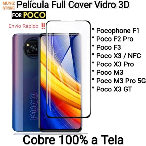 Película (Full Cover Vidro) 3D, 6D, 9D Pocophone F1, Poco F2 Pró, Poco F3, Poco X3/ NFC/Pro, Poco M3, Poco M3 Pró 5G, Poco X3 GT - Película Vidro, Cobre 100% da Tela, Full Cover Para Xiaomi