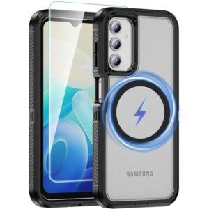 Pemuyak Capa magnética para celular Galaxy A14 5G, com protetor de tela, capa de proteção resistente à prova de choque militar 3 em 1 para celular Samsung Galaxy A14 4G 5G, preto transparente