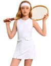 Perfashion Vestido de tênis feminino com zíper para golfe, roupa atlética, cintura caída, sutiã e shorts embutidos 4-13 anos, Branco 01-407, 6-7 Anos