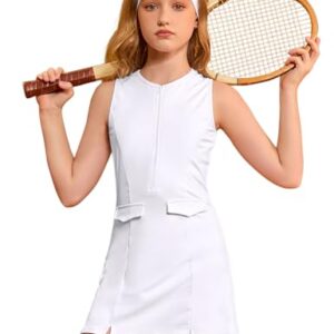 Perfashion Vestido de tênis feminino com zíper para golfe, roupa atlética, cintura caída, sutiã e shorts embutidos 4-13 anos, Branco 01-407, 6-7 Anos