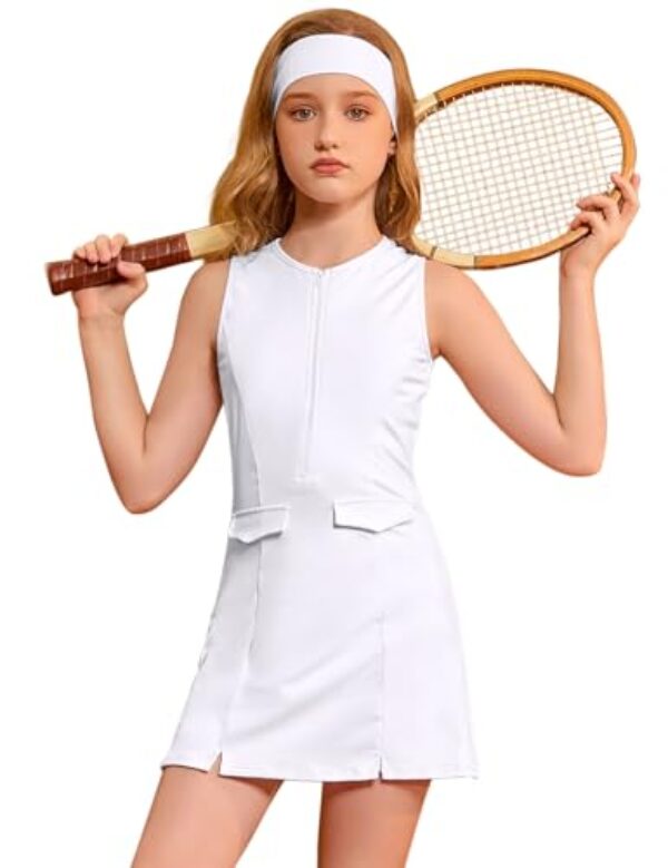 Perfashion Vestido de tênis feminino com zíper para golfe, roupa atlética, cintura caída, sutiã e shorts embutidos 4-13 anos, Branco 01-407, 6-7 Anos