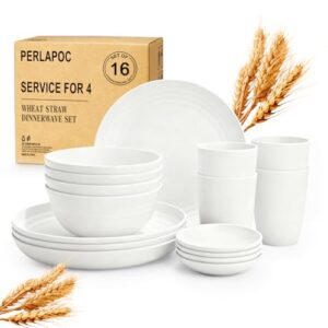Perlapoc Conjunto de louça de palha de trigo para 4 – Conjuntos de pratos e tigelas de 16 peças, pratos de jantar de 23 cm, tigelas de cereais de 737 g, tigelas de imersão de 59 ml e copos de 340 g