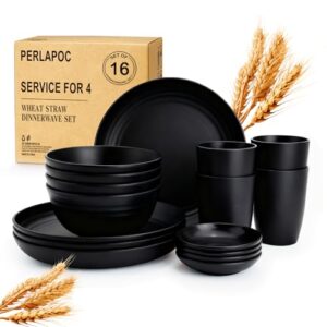Perlapoc Conjuntos de louça de palha de trigo, 16 peças, conjuntos de pratos e tigelas inquebráveis serviço para 4, pratos alternativos a pratos de plástico, conjunto de pratos reutilizáveis para