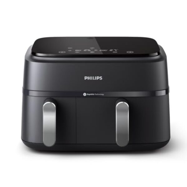 Philips Dual Basket Air Fryer série 3000 — funções 8 em 1, 9,5 litros, 2 gavetas, tempo de cozimento de sincronização automática, 90% menos gordura, tecnologia de ar rápido, aplicativo de receitas