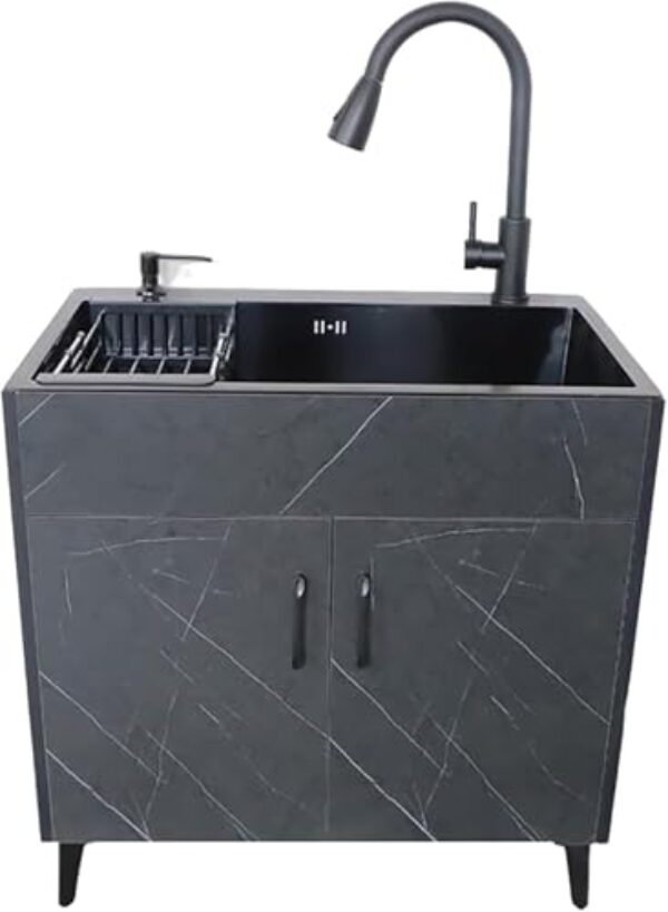 Pia De Aço Inoxidável Com Armário De Armazenamento, Armário De Pia Independente Com Torneira Extraível, Estação De Lavagem De Mãos Espaçosa Adequada Para Despensa, Co, Black, 58 * 43CM/22.8 * 16.9IN