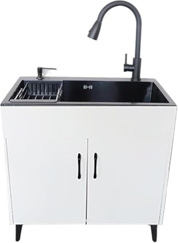 Pia De Aço Inoxidável Com Armário De Armazenamento, Armário De Pia Independente Com Torneira Extraível, Estação De Lavagem De Mãos Espaçosa Adequada Para Despensa, Co, Black, 50 * 40CM/19.6 * 15.7IN