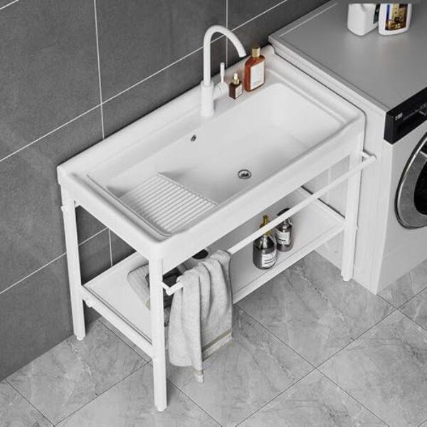 Pia De Banheiro Autônoma Com Pernas De Metal Em Aço Inoxidável, Suporte Preto, Prateleira De Armazenamento, Pias Com Escorredor, Cano De água, Válvula De ângulo, Ad, One Color, 91 * 48