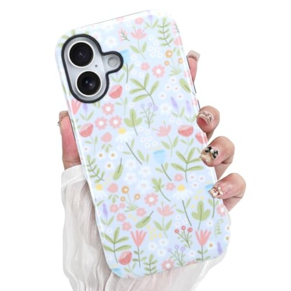 PIGLULOO Capa para iPhone 17, linda estampa floral para mulheres e meninas, design de padrão floral feminino estético, proteção total para câmera, capa de telefone TPU macio e fina, azul