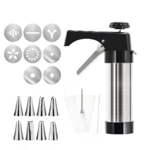 Pistola para churrasqueira de aço inoxidável com 8 discos decorativos e 8 pontas de tubulação, conjunto completo para pastelaria e churros caseiros, inclui saco de confeitar e pincel