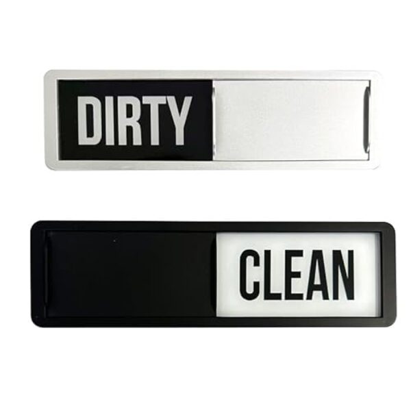 Placa de estado da máquina de lavar louça com indicador deslizante - Marcador magnético sujo/limpo em padrão de mármore preto branco prateado, ferramenta de organização de utensílios de cozinha para