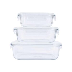 Pmssypl Recipientes de vidro para armazenamento de alimentos com tampas herméticas, conjunto de 3 peças, recipientes empilháveis para preparação de refeições (branco transparente)