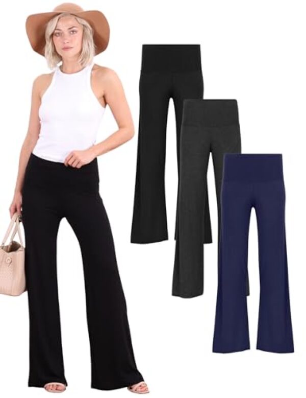 Popana Pacote com 3 calças Palazzo para mulheres, casuais, de verão, pernas largas, plus size, feitas nos EUA, Preto, carvão, azul marinho, G