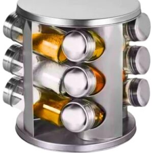 Porta Condimentos, Organizador Giratório com 12 Potes - Moderno e Funcional para Cozinha(Inox)