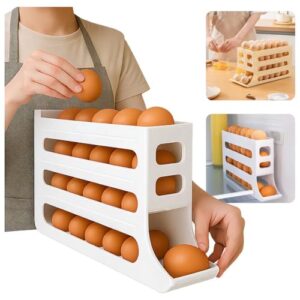 Porta Ovos Premium Geladeira 4 Camadas Rolamento Automático Suporte Dispensador 30 Ovos Organizador Compacto