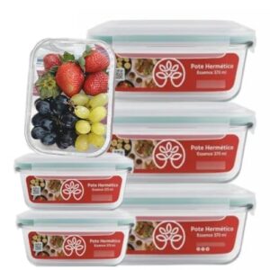 Pote Hermetico Essence, Kit 6 Potes de Vidro, 370ml, Tampa com Travas e Anel de Silicone, Resistente, para Forno, Air Fryer, Freezer e Micro-ondas