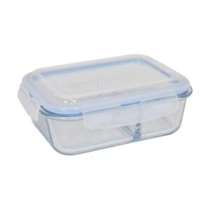 Pote Retangular em Vidro Borossilicato com Divisória, Tampa Azul, 1040ml, 7x15x20cm, para Alimentos, Resistente ao Micro-ondas, Freezer e Lava-Louças