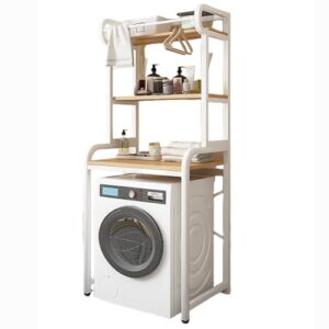 Prateleira de armazenamento de 3 camadas para máquina de lavar roupa e banheiro com economia de espaço para pendurar roupas e toalhas (branco preto)