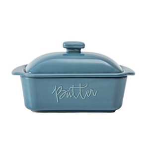 Prato de manteiga FE, protetor de manteiga de cerâmica com linha de água, prato de manteiga francesa com tampa para bancada (azul)