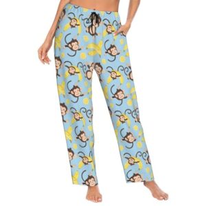 PrelerDIY Calça de pijama feminina confortável elástica com bolsos e cordão, Macaco fofo banana, Large