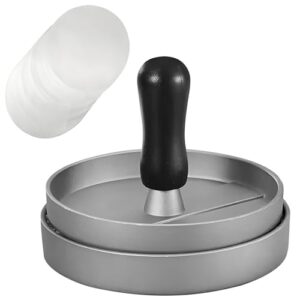 Prensa de hambúrguer de alumínio com cabo de madeira, 2 papéis de cera incluídos, seguro para lava-louças, ideal para acampamento, preto