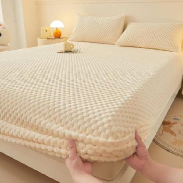 Protetor de colchão de veludo de pelúcia para o inverno, quente, lençol com elástico profundo, ultramacio, macio, respirável, adequado para a pele, lençol de cama bege | 150 x 200 cm