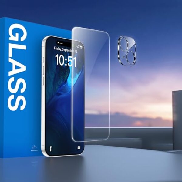 Protetor de tela para iPhone 15 Plus + protetor de lente da câmera, cobertura total, grau militar, dureza 9H, vidro temperado, transparente, resistente a arranhões, compatível com capas, sem bolhas [1