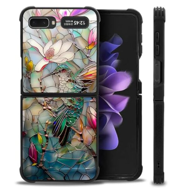 Punmada Capa móvel compatível com Samsung Galaxy Z Flip 5G painel traseiro de acrílico criativo com aderência de proteção de silicone especialmente projetada para beija-flor manchada 3D