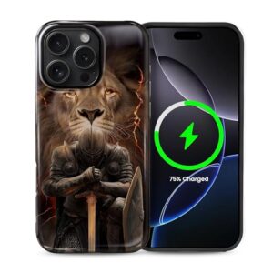 Punmada Capa para iPhone 16 Pro Max para MagSafe, capa brilhante rígida híbrida à prova de choque de silicone protetor de corpo inteiro para iPhone 16 Pro Max Leão e Guerreiro para Jesus Cristo padrão
