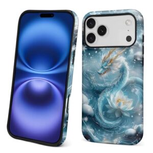 Punmada Capa para iPhone 17 Pro Max, capa híbrida rígida de silicone à prova de choque para iPhone 17 Pro Max, azul floco de neve, estampa de dragão de lótus