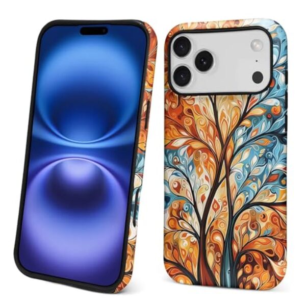 Punmada Capa para iPhone 17 Pro Max, capa rígida híbrida de silicone à prova de choque para iPhone 17 Pro Max, outono, outono, estampa colorida de árvore