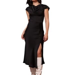 PURVAJA Vestido feminino de seda com gola drapeada (Floe-118-121), Preto, P