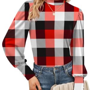Qirno Blusa feminina de manga comprida com gola redonda, casual, solta, lisa, básica, abotoada, punhos e pulôveres, Xadrez preto e vermelho, M