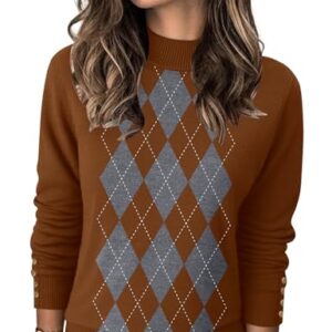 Qirno Suéter feminino de malha de manga comprida gola rolê casual leve abotoado punhos outono suéter pulôver, Café Argyle Light, GG