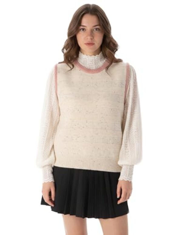 QiuDumo Suéter feminino Y2k Fall Fashion de algodão com acabamento contrastante e gola redonda, Branco, M